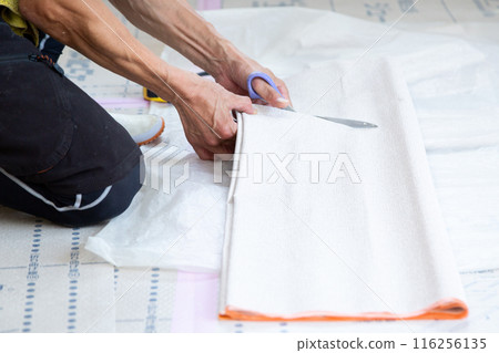 A craftsman replacing wallpaper on a house A craftsman replacing wallpaper on a house 116256135