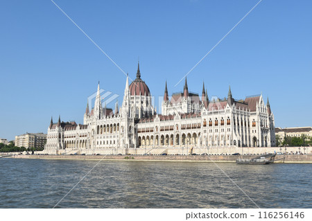 Hungarian Parliament Building, a UNESCO World Heritage Site, seen from the Danube River Hungarian Parliament Building, a UNESCO World Heritage Site, seen from the Danube River 116256146