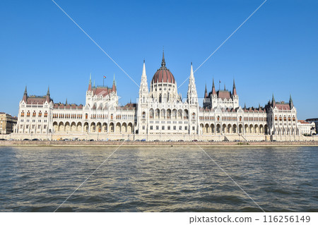 Hungarian Parliament Building, a UNESCO World Heritage Site, seen from the Danube River Hungarian Parliament Building, a UNESCO World Heritage Site, seen from the Danube River 116256149