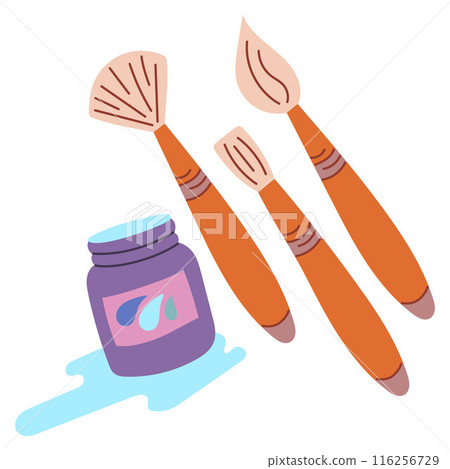Elements of drawing tools. Brushes and a can of paint. Back to school. Trendy modern vector illustration, isolated on white, hand drawn, flat design. Elements of drawing tools. Brushes and a can of paint. Back to school. Trendy modern vector illustration, isolated on white, hand drawn, flat design. 116256729