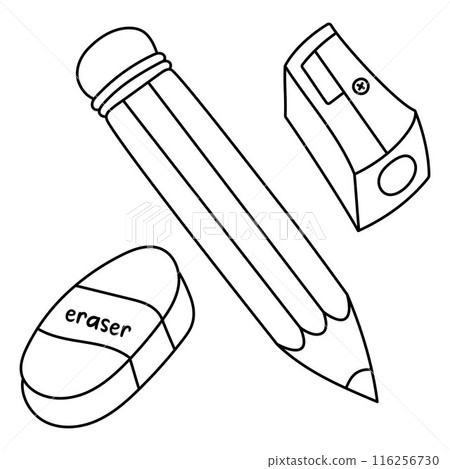 Doodle art with a set of pencil, rubber band, sharpener. Graphic element for office and school. Outline doodle illustration. Trendy modern vector illustration, isolated on white, hand drawn 116256730