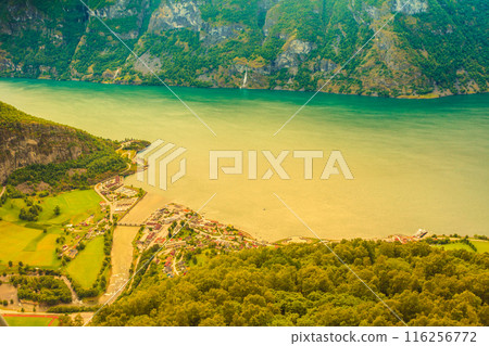 View of the fjords and Aurland valley in Norway 116256772