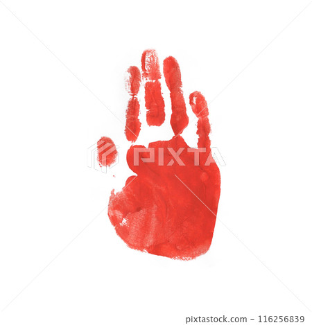 Watercolor, Acrylic Red kids Handprint Isolated on White Background. Isolated Children, Adult Palm Print. 116256839