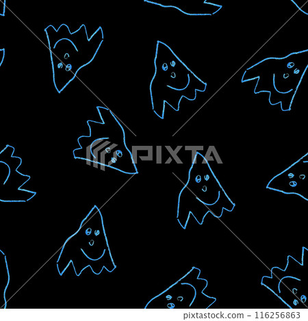 Funny Ghosts Drawn with Crayon. Seamless Pattern Cute Halloween Illustration. Funny Ghosts Drawn with Crayon. Seamless Pattern Cute Halloween Illustration. 116256863