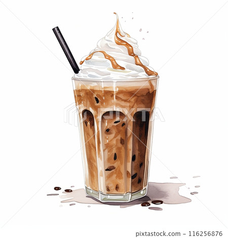 Cappuccino coffee drink in a clear glass with frothy foam on top isolated on white background 116256876