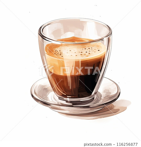 Cappuccino coffee drink in a clear glass with frothy foam on top isolated on white background 116256877
