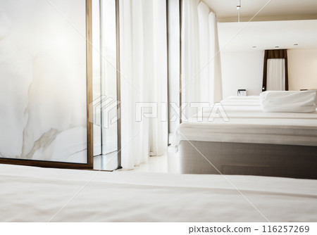 簡單的酒店內部場景-白色房間內部 116257269