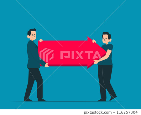 Team holding arrow sign. Guide direction concept Team holding arrow sign. Guide direction concept 116257304