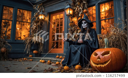 A witch sits on a porch surrounded by pumpkins, creating an eerie yet inviting Halloween ambiance. A witch sits on a porch surrounded by pumpkins, creating an eerie yet inviting Halloween ambiance. 116257499