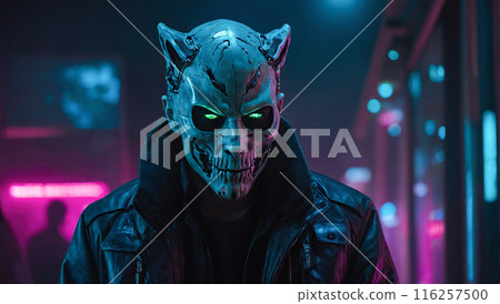 Mysterious figure in a demonic mask and leather jacket stands in a neon-lit urban environment. 116257500