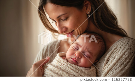 A joyful mother cradles her newborn baby, their faces expressing pure love and contentment. 116257758