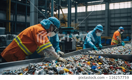 A team of workers wearing safety equipment sorts through recyclable materials in an efficient and organized recycling plant environment. 116257759