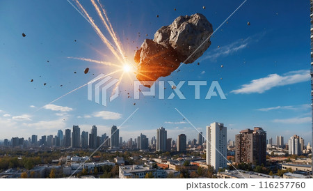 A large meteorite flying towards a city, symbolizing the potential threat of extraterrestrial impacts on urban environments 116257760