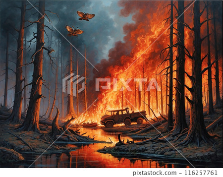 A fierce wildfire engulfs a dense forest, with towering flames and thick black smoke, highlighting the devastation of natural disasters. 116257761