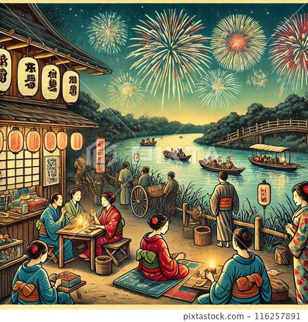 老式懷舊煙火燃放插畫-日本傳統夏日風景 116257891