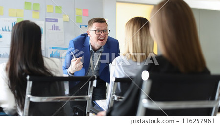 Serious man scream on training session, passionate speech with bright emotions Serious man scream on training session, passionate speech with bright emotions 116257961
