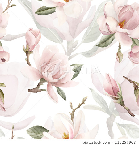 Light pink magnolia branch with buds and leaves. Watercolor floral seamless pattern on white background. Spring blossom for flower fabric, cosmetic packaging, wrapping paper and home textile Light pink magnolia branch with buds and leaves. Watercolor floral seamless pattern on white background. Spring blossom for flower fabric, cosmetic packaging, wrapping paper and home textile 116257968