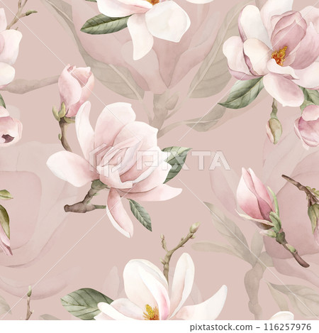 Light pink magnolia flowers with leaves. Watercolor floral seamless pattern on peach pink background. Spring blossom for flower fabric, cosmetic packaging, wrapping paper and home textile Light pink magnolia flowers with leaves. Watercolor floral seamless pattern on peach pink background. Spring blossom for flower fabric, cosmetic packaging, wrapping paper and home textile 116257976