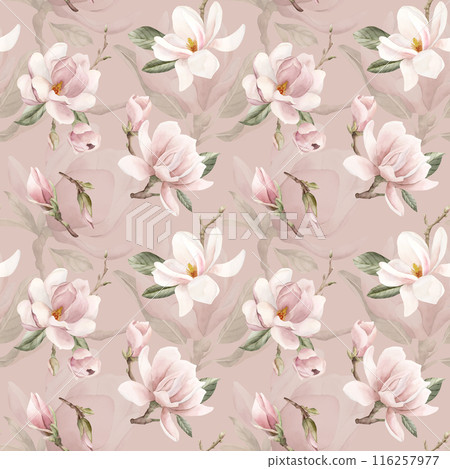 Light pink magnolia flowers with leaves. Watercolor floral seamless pattern on peach pink background. Spring blossom for flower fabric, cosmetic packaging, wrapping paper and home textile Light pink magnolia flowers with leaves. Watercolor floral seamless pattern on peach pink background. Spring blossom for flower fabric, cosmetic packaging, wrapping paper and home textile 116257977