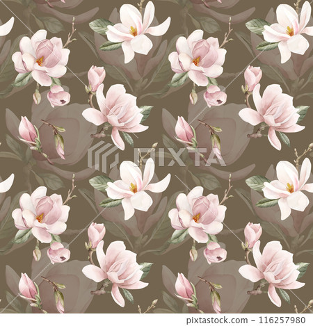 Light pink magnolia flowers with leaves. Watercolor floral seamless pattern on brown background. Spring blossom for flower fabric, cosmetic packaging, wrapping paper and home textile Light pink magnolia flowers with leaves. Watercolor floral seamless pattern on brown background. Spring blossom for flower fabric, cosmetic packaging, wrapping paper and home textile 116257980
