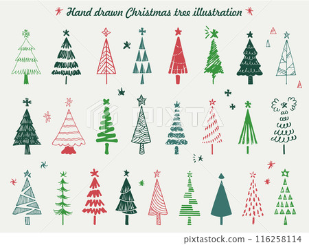 Hand drawn Christmas tree illustration set Hand drawn Christmas tree illustration set 116258114