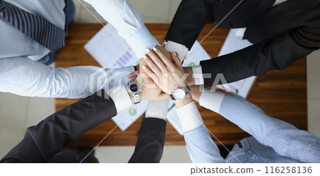 Colleagues performing gesture in order to prepare for important profitable project Colleagues performing gesture in order to prepare for important profitable project 116258136