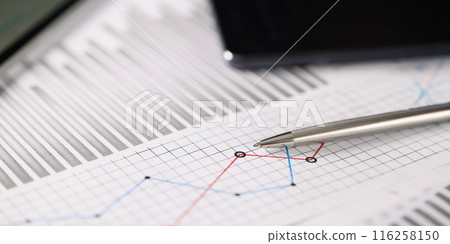 Business document with some graphic on it, blue and red lines in increase and decrease order 116258150