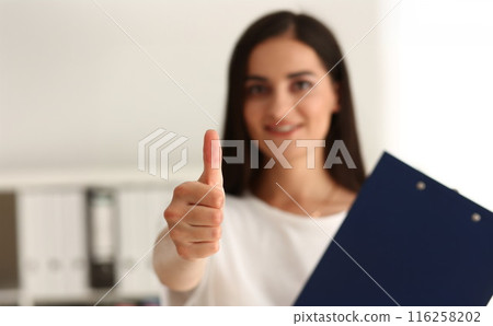 Lady show thumbs up gesture, manager hold clipboard, well done, good job symbol 116258202