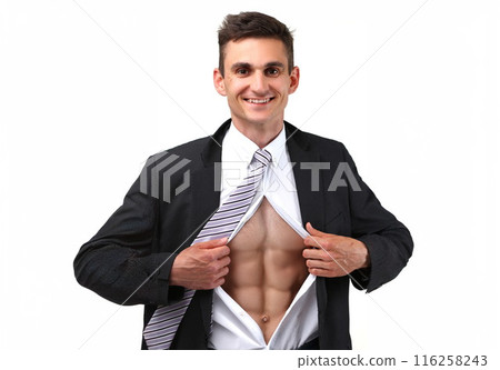 Handsome fit man with six-pack abs in trendy working suit, brag about perfect body image Handsome fit man with six-pack abs in trendy working suit, brag about perfect body image 116258243