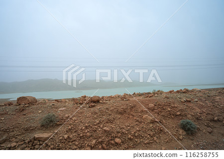 Tranquil view of the Arvada dam in the Moroccan desert. 116258755