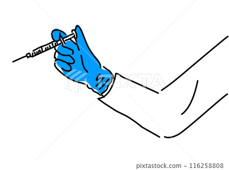 A simple line drawing of a doctor's hand holding a syringe 116258808