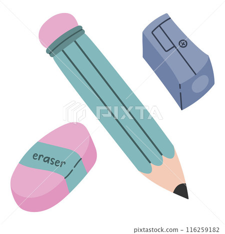 Set of pencil, rubber band, sharpener. Graphic element for office and school. Back to school. Trendy modern vector illustration, isolated on white, hand drawn Set of pencil, rubber band, sharpener. Graphic element for office and school. Back to school. Trendy modern vector illustration, isolated on white, hand drawn 116259182