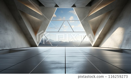 Concrete futuristic interior with a triangular window and ambient lighting 116259273