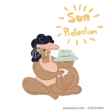 Mum with baby on beach flat design spf sun protection set 116259360