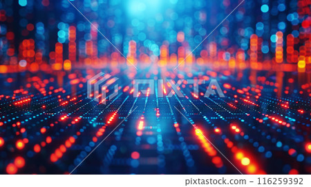 Golden glowing golden red and blue lights for futuristic cyber technology background. Technology electronic music line of city light bokeh 116259392