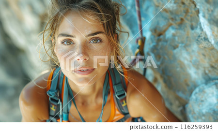 Caucasian young woman is climbing on steep rock cliff on mountain. Adventure and destination travel 116259393