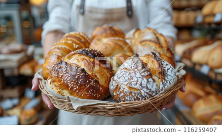 Close up woman chef holding homemade bread bakery in basket with various bread freshly baked in cafe and coffee shop 116259407