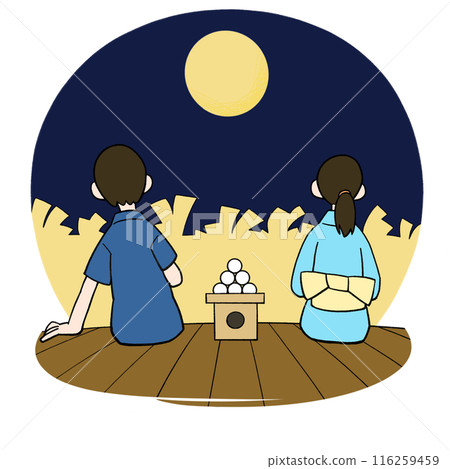 Men and women watching the moon, Japanese silver grass background Men and women watching the moon, Japanese silver grass background 116259459