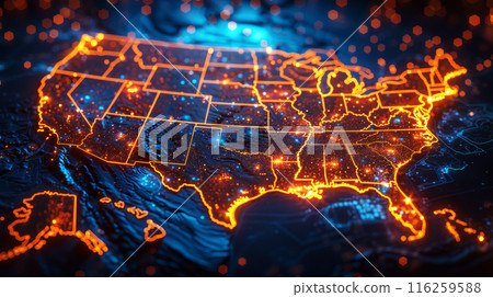 Digital red light is sparkle on America map landscape global connectivity and data transmission in futuristic cyber technology of information exchange and telecommunication on earth 116259588