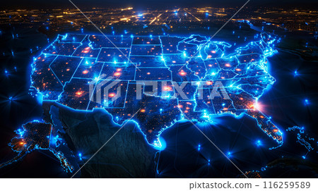 Digital blue light is sparkle on America map landscape global connectivity and data transmission in futuristic cyber technology of information exchange and telecommunication on earth 116259589