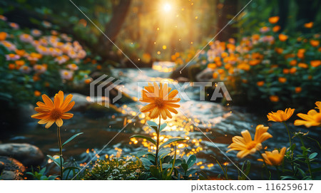 Blooming yellow sulfur cosmos with dew droplets is grows on stream with sunlight in tropical forest jungle and wild with flower field 116259617