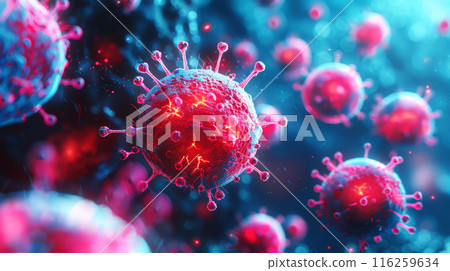 Macro of infected virus cells, dividing the body moving inside the body, visible through a microscope Macro of infected virus cells, dividing the body moving inside the body, visible through a microscope 116259634