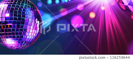Shining disco ball with vibrant neon lights, dance party atmosphere background 116259644