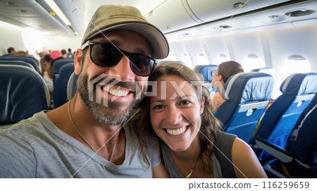 Joyful young couple travelling by plane doing selfie, holiday vacation concept. AI Generated content Joyful young couple travelling by plane doing selfie, holiday vacation concept. AI Generated content 116259659