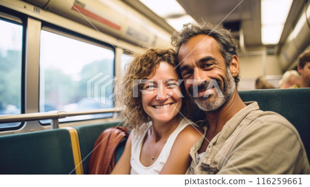 Mixed race middle aged couple travelling by train, responsible travel concept 116259661