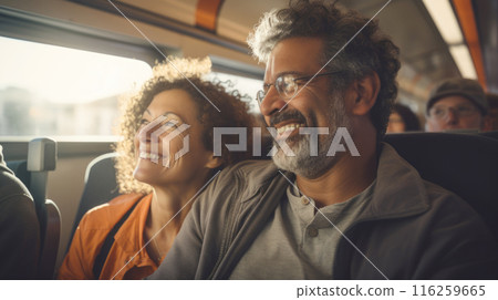 Mixed race middle aged couple travelling by train, responsible travel concept 116259665