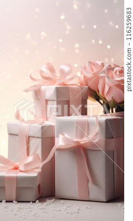 Gifts for March 8th, Mothers day, Pink Present boxes background, copy space 116259683