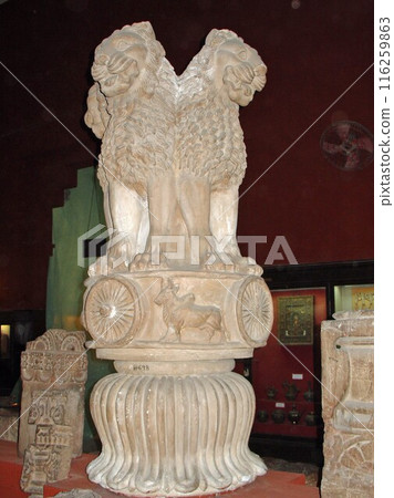 A capital decoration of King Ashoka, who was the foundation of the spread of Buddhism around the world in the 3rd century BC, is on display at a museum in Lahore, Pakistan. 116259863