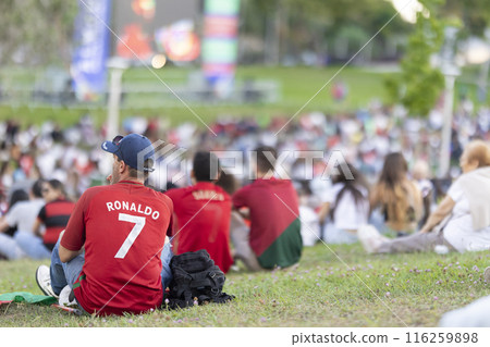 A man watching football and wearing a red shirt with the number 7 on it sits on the grass A man watching football and wearing a red shirt with the number 7 on it sits on the grass 116259898