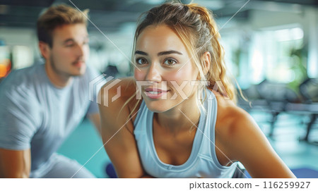 Caucasian young woman is exercising with personal trainer couching her in gym 116259927